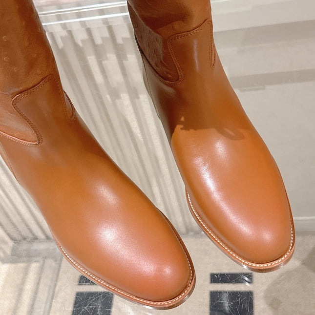 HM 26S TALL FLAT BOOTS IN COGNAC BROWN OSTRICH LEATHER