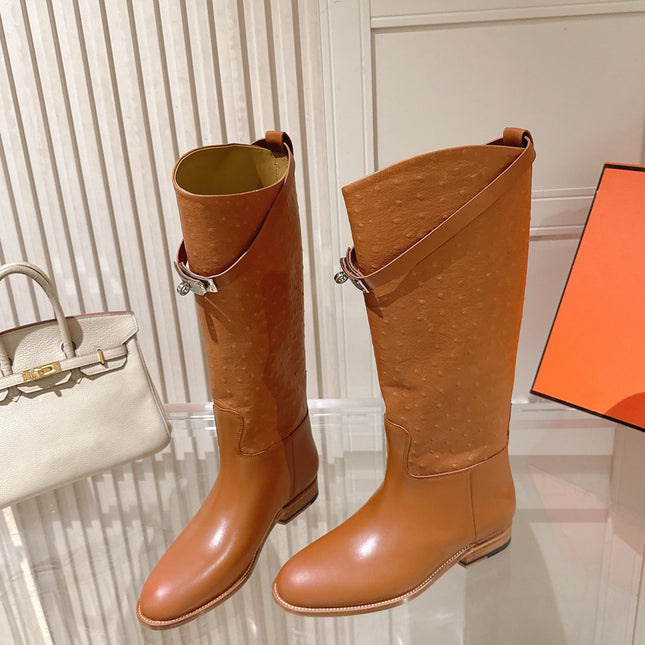 HM 26S TALL FLAT BOOTS IN COGNAC BROWN OSTRICH LEATHER