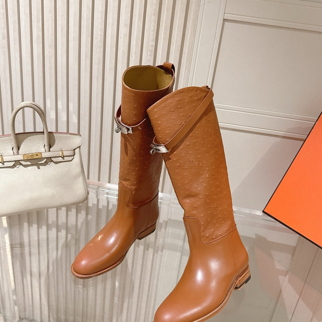 HM 26S TALL FLAT BOOTS IN COGNAC BROWN OSTRICH LEATHER