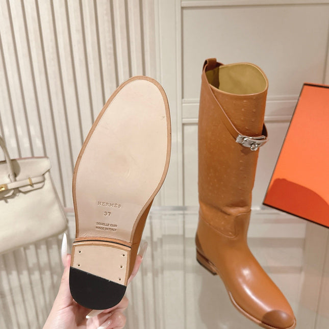 HM 26S TALL FLAT BOOTS IN COGNAC BROWN OSTRICH LEATHER