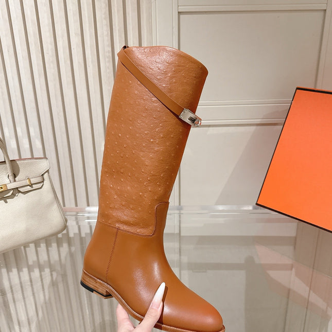 HM 26S TALL FLAT BOOTS IN COGNAC BROWN OSTRICH LEATHER