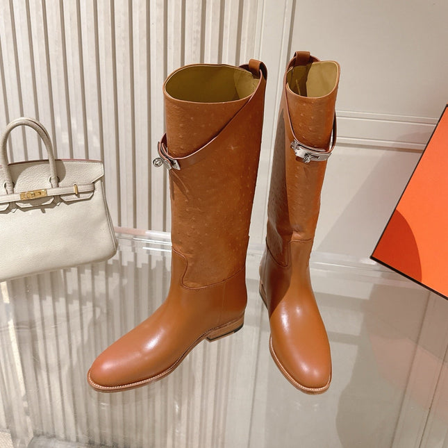 HM 26S TALL FLAT BOOTS IN COGNAC BROWN OSTRICH LEATHER