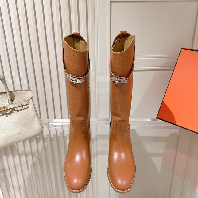 HM 26S TALL FLAT BOOTS IN COGNAC BROWN OSTRICH LEATHER