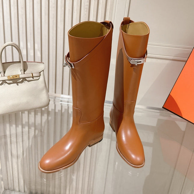 HM 26S TALL FLAT BOOTS IN COGNAC BROWN CALFSKIN