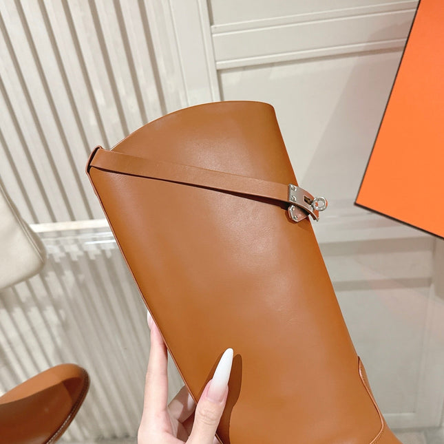 HM 26S TALL FLAT BOOTS IN COGNAC BROWN CALFSKIN
