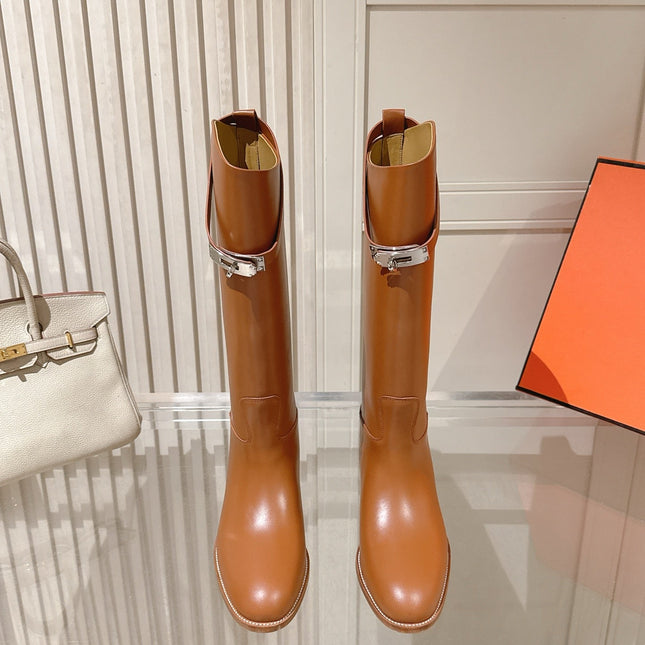 HM 26S TALL FLAT BOOTS IN COGNAC BROWN CALFSKIN