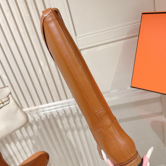HM 26S TALL FLAT BOOTS IN COGNAC BROWN CALFSKIN
