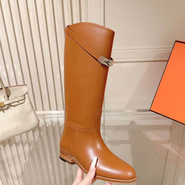 HM 26S TALL FLAT BOOTS IN COGNAC BROWN CALFSKIN