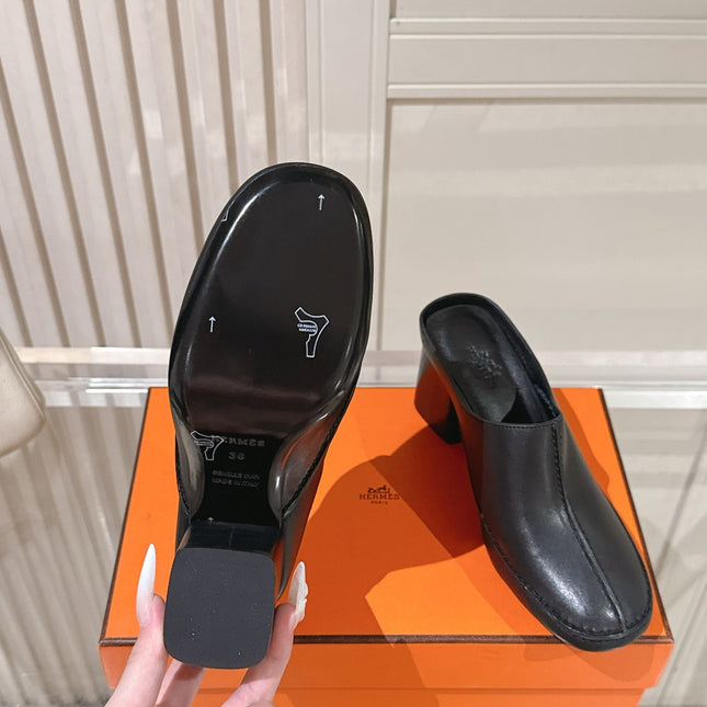 HM 26S HEEL MULES 65 MM IN BLACK CALFSKIN