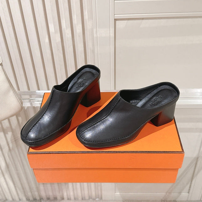 HM 26S HEEL MULES 65 MM IN BLACK CALFSKIN