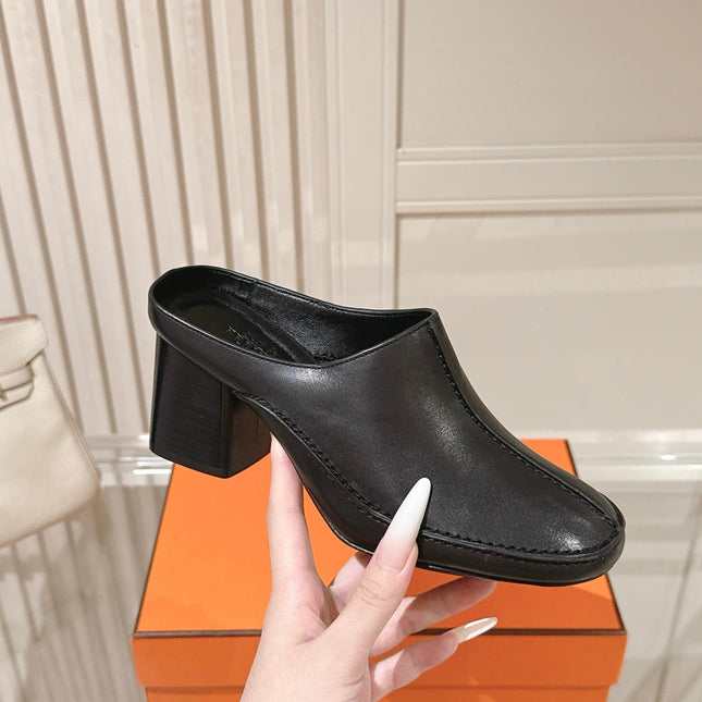 HM 26S HEEL MULES 65 MM IN BLACK CALFSKIN