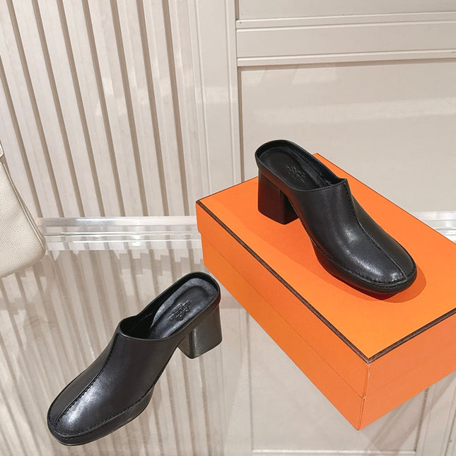 HM 26S HEEL MULES 65 MM IN BLACK CALFSKIN
