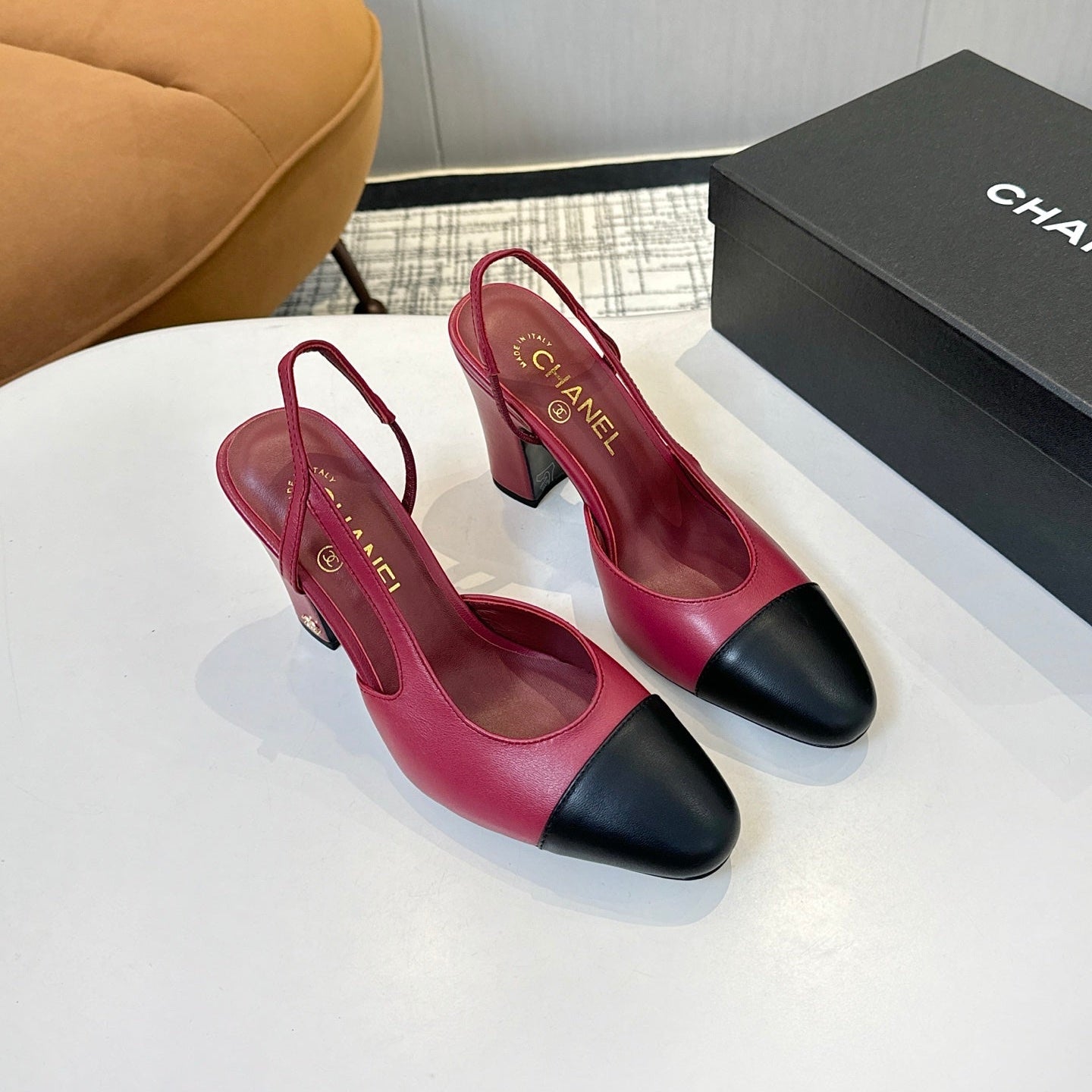 CC SLINGBACK IN BURGUNDY RED MIX BLACK CALFSKIN