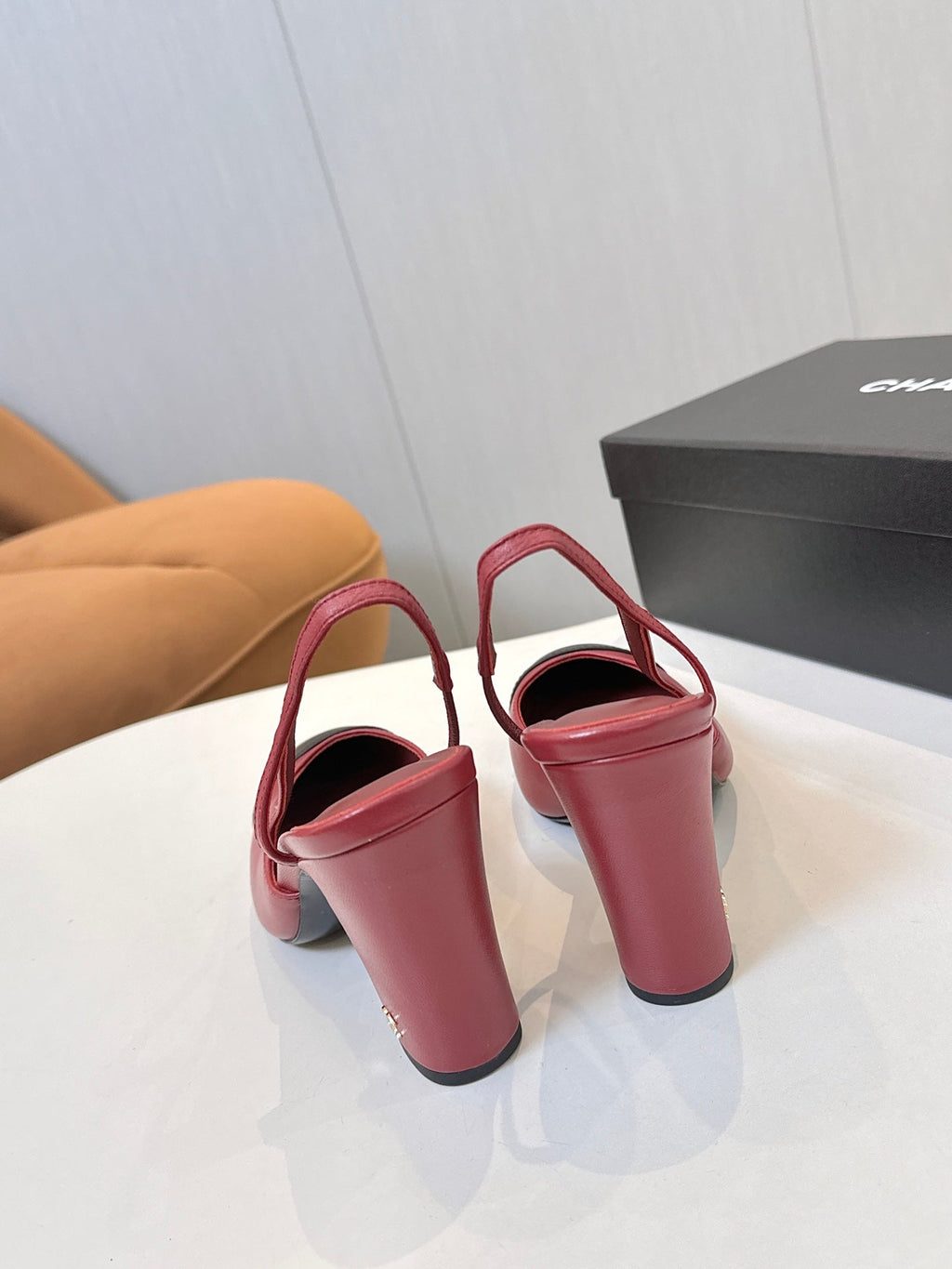 CC SLINGBACK IN BURGUNDY RED MIX BLACK CALFSKIN