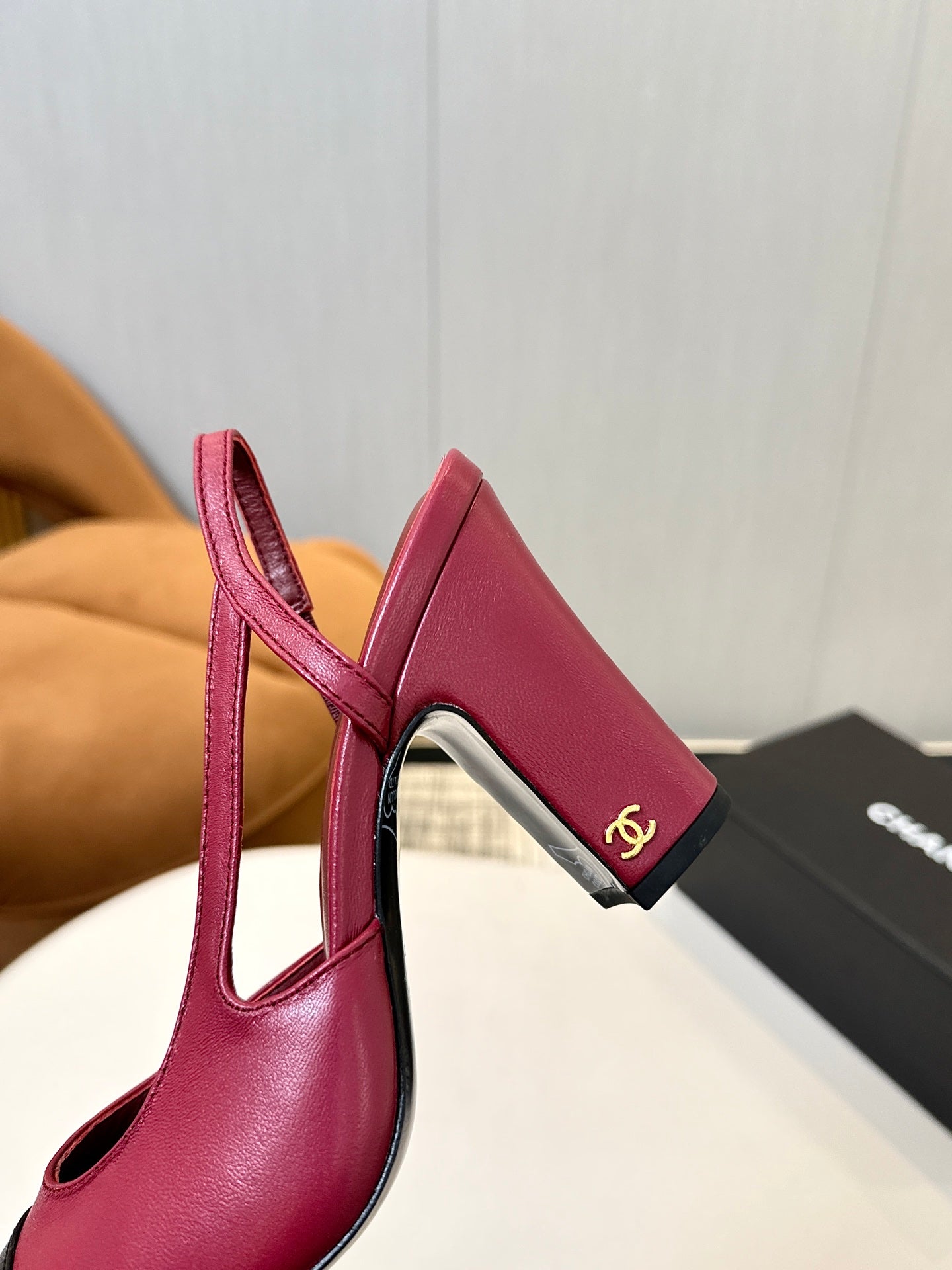 CC SLINGBACK IN BURGUNDY RED MIX BLACK CALFSKIN