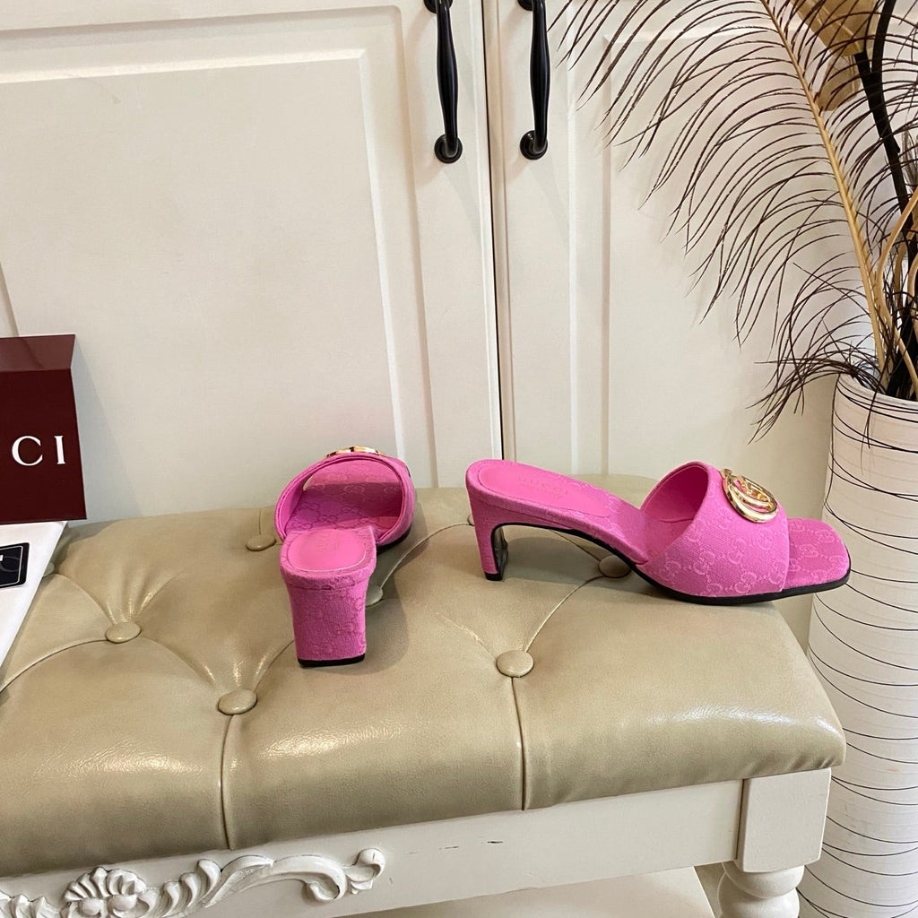 GUCCI 26S HIGH-HEELED SANDALS IN PINK CANVAS WITH GOLD HARDWARE