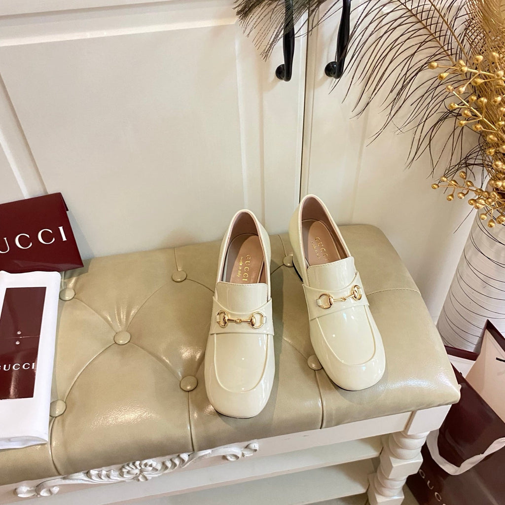 GUCCI 26S HORSEBIT LOAFERS 55 MM IN CREAM WHITE GLOSSY CALFSKIN