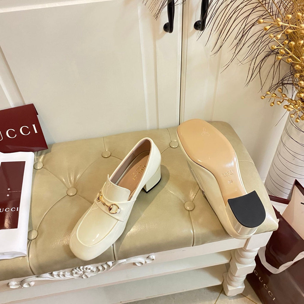 GUCCI 26S HORSEBIT LOAFERS 55 MM IN CREAM WHITE GLOSSY CALFSKIN