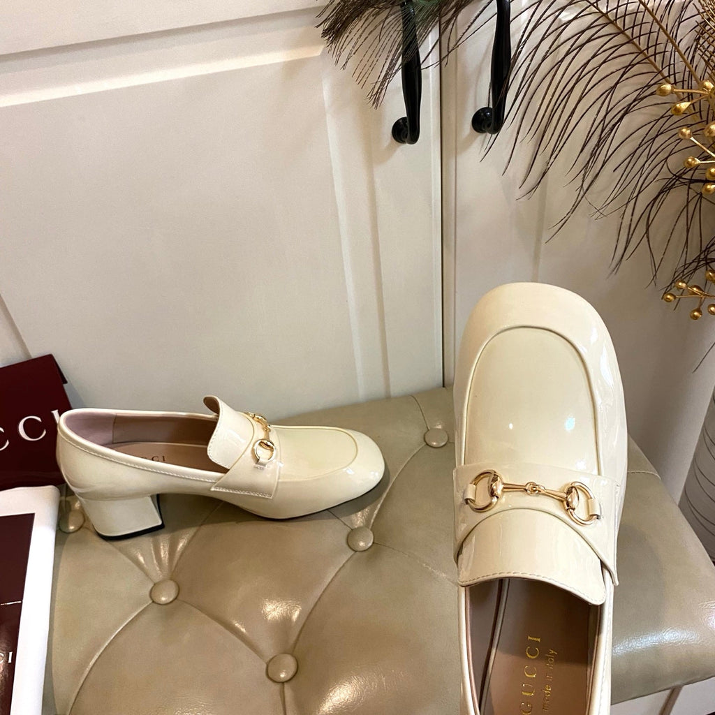 GUCCI 26S HORSEBIT LOAFERS 55 MM IN CREAM WHITE GLOSSY CALFSKIN
