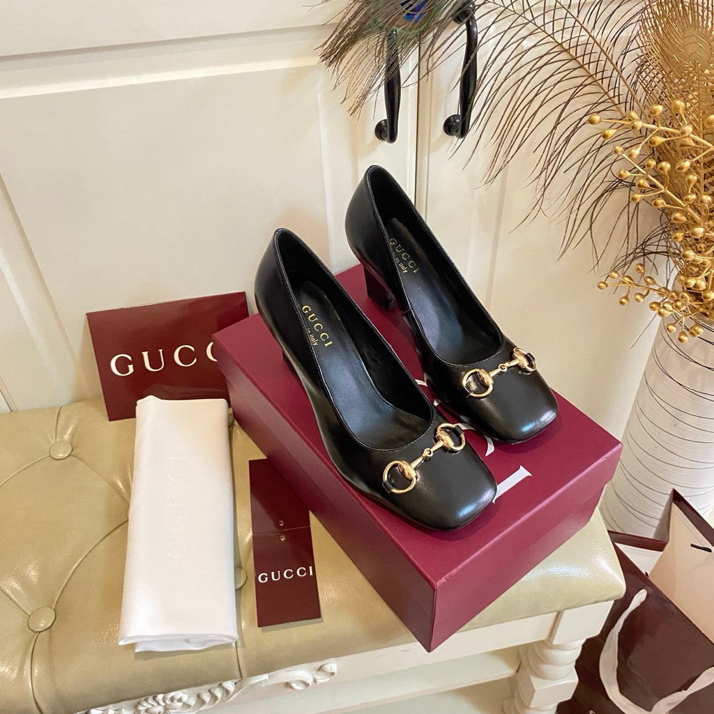 GUCCI 26S HORSEBIT MID-HEEL PUMPS 75 MM IN BLACK CALFSKIN