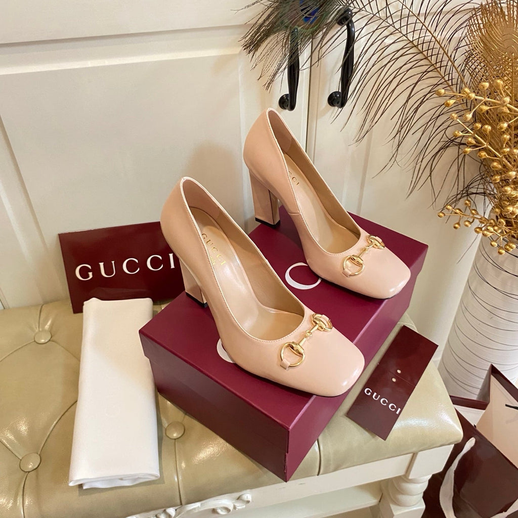 GUCCI 26S HORSEBIT MID-HEEL PUMPS 100 MM IN NUDE PINK CALFSKIN