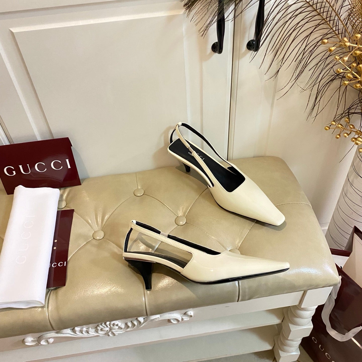 GUCCI 26S SLINGBACK 55 MM IN SOFT CREAM BEIGE CALFSKIN