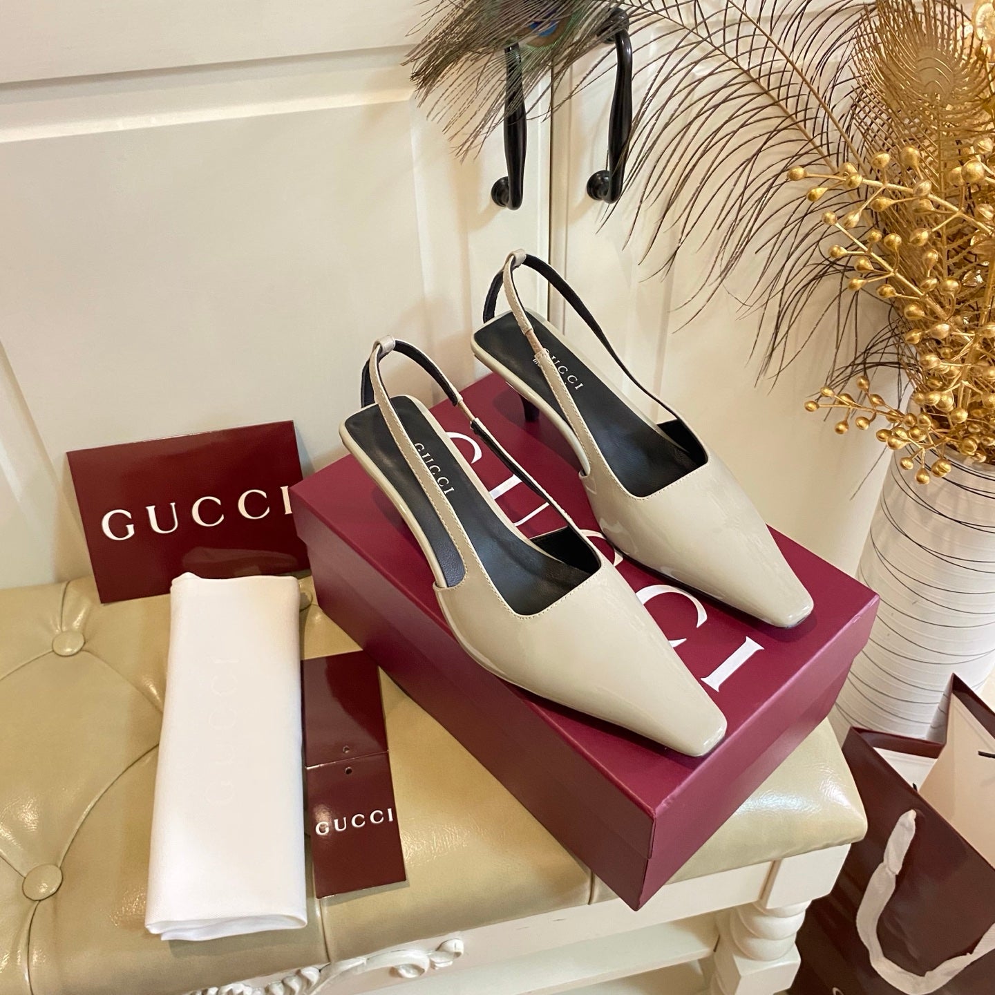 GUCCI 26S SLINGBACK 55 MM IN LIGHT TAUPE GRAY CALFSKIN