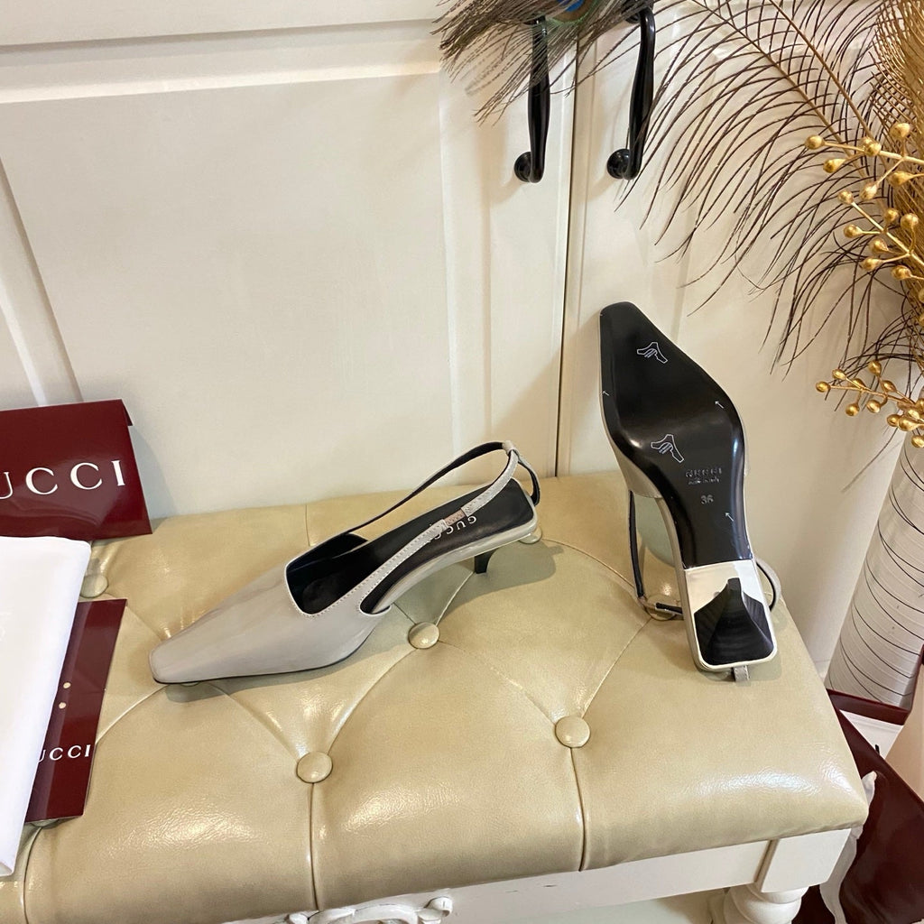 GUCCI 26S SLINGBACK 55 MM IN LIGHT TAUPE GRAY CALFSKIN
