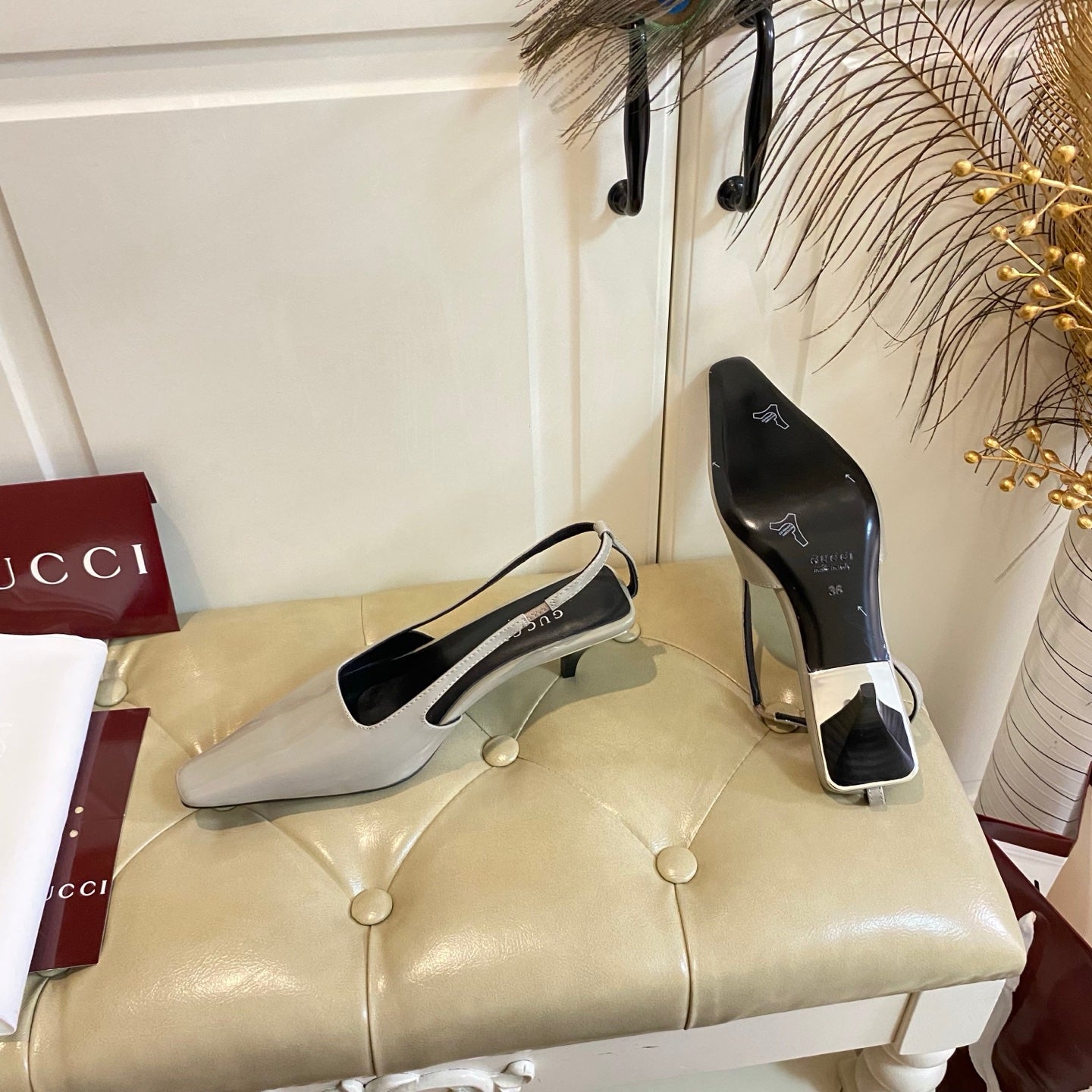 GUCCI 26S SLINGBACK 55 MM IN LIGHT TAUPE GRAY CALFSKIN