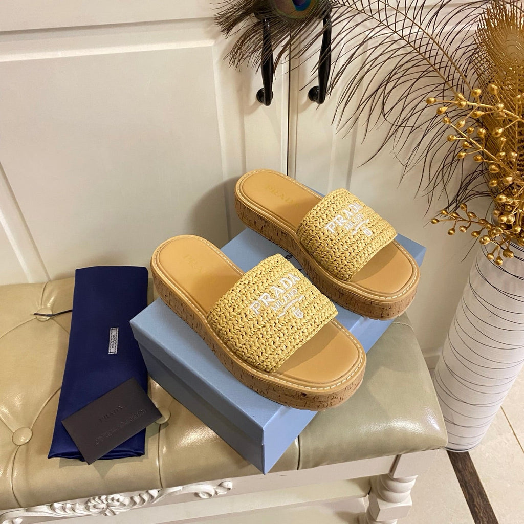 PRADA 26S SLIDE SANDALS CORK SOLE IN BEIGE LOGO RAFFIA
