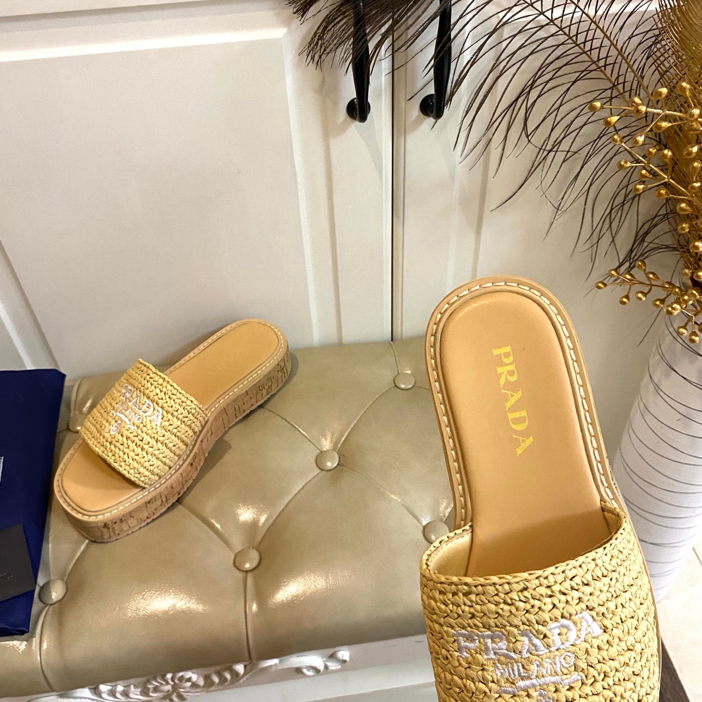 PRADA 26S SLIDE SANDALS CORK SOLE IN BEIGE LOGO RAFFIA