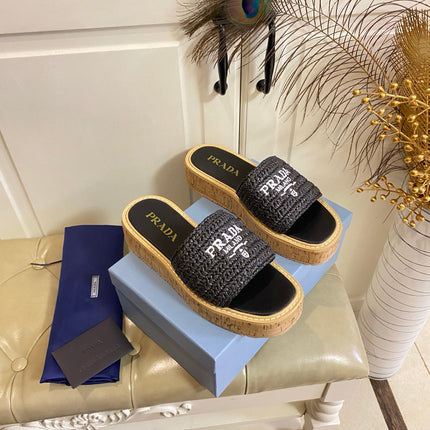 PRADA 26S SLIDE SANDALS CORK SOLE IN BLACK LOGO RAFFIA