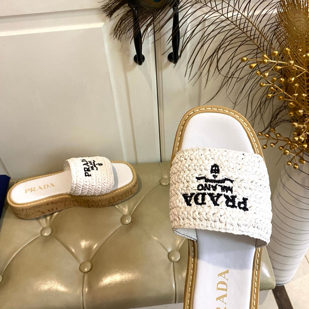 PRADA 26S SLIDE SANDALS CORK SOLE IN WHITE LOGO RAFFIA