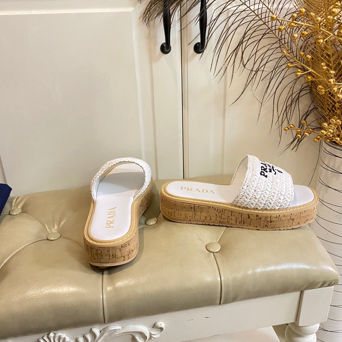 PRADA 26S SLIDE SANDALS CORK SOLE IN WHITE LOGO RAFFIA