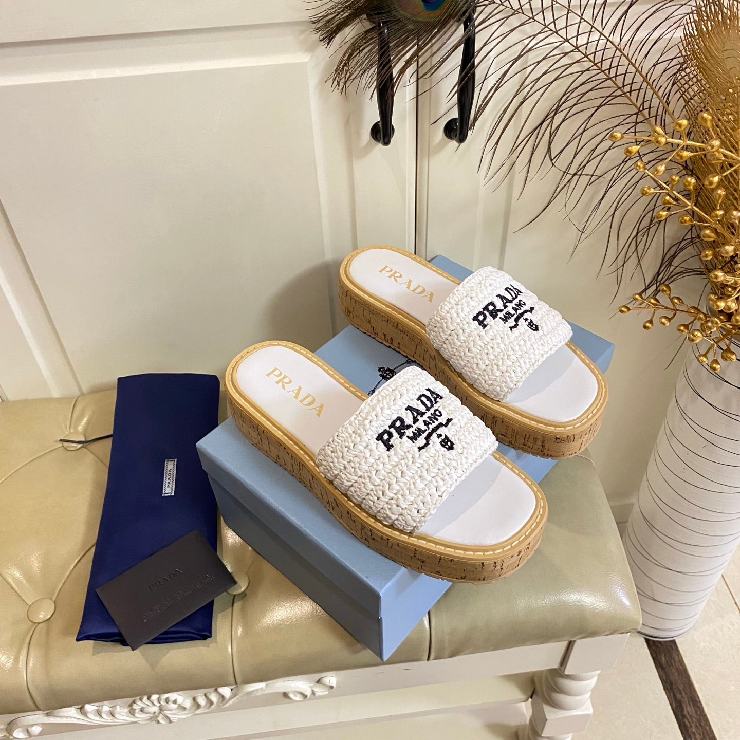 PRADA 26S SLIDE SANDALS CORK SOLE IN WHITE LOGO RAFFIA