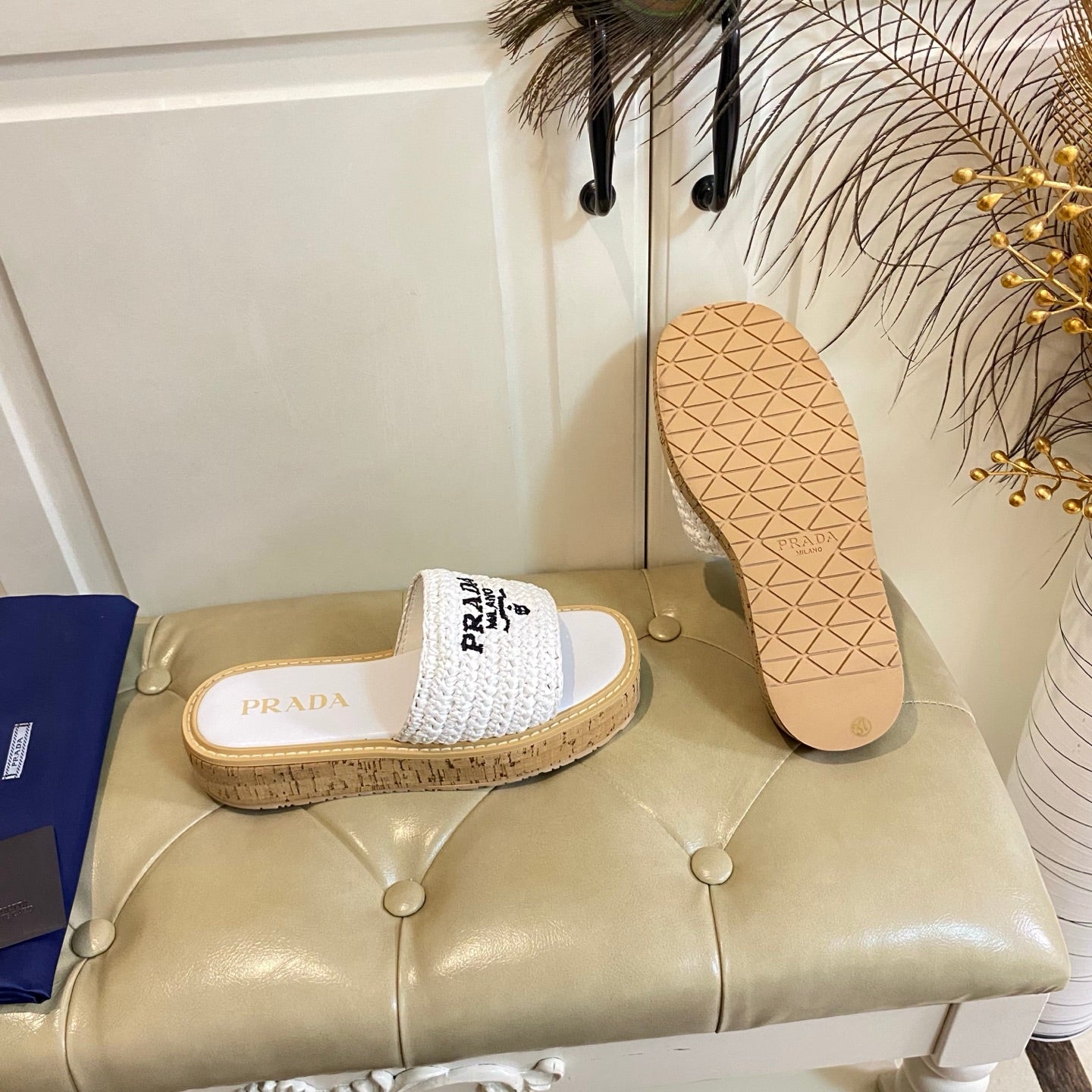 PRADA 26S SLIDE SANDALS CORK SOLE IN WHITE LOGO RAFFIA