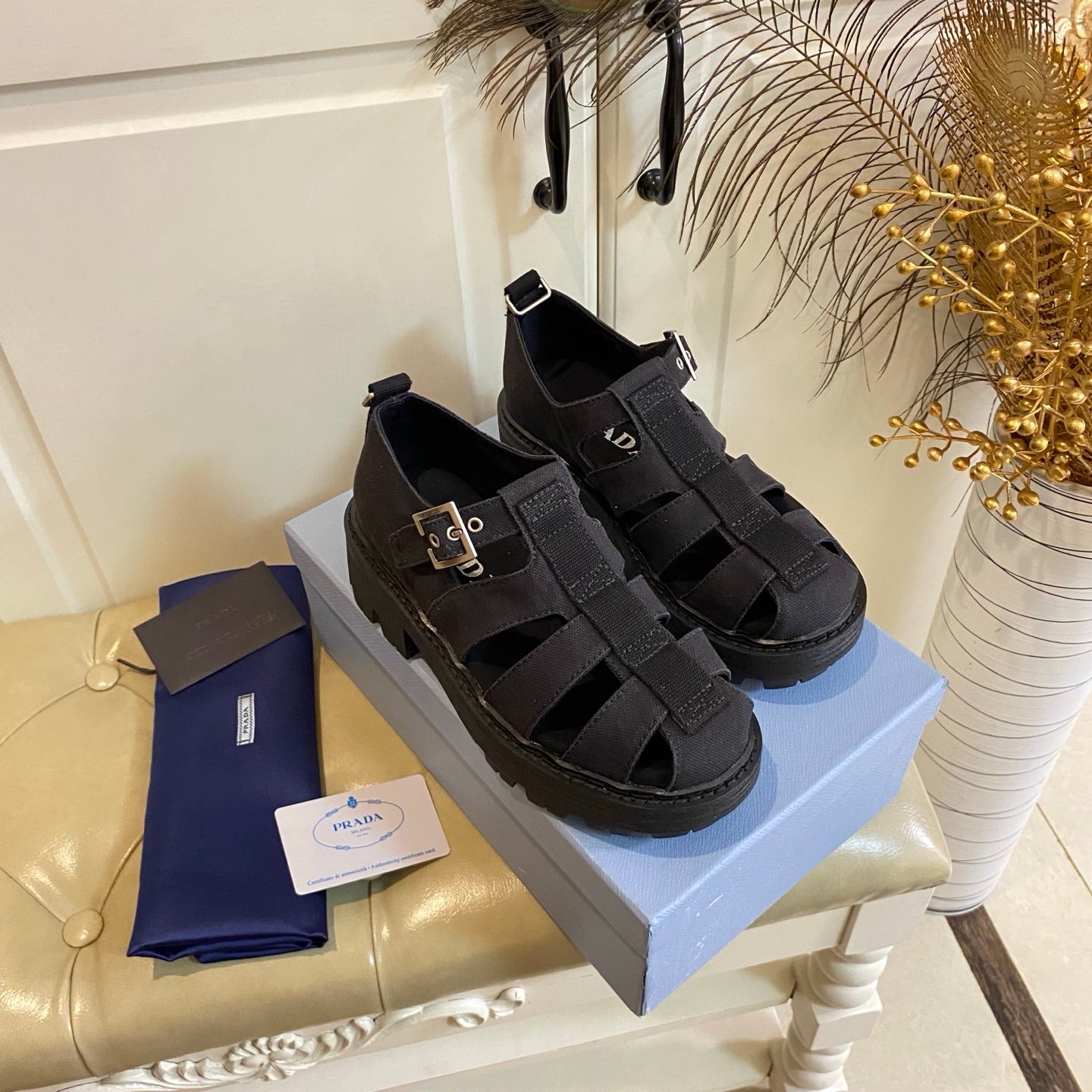 PRADA 26S BUCKLE FISHERMAN SANDALS CHUNKY SOLE IN BLACK CANVAS