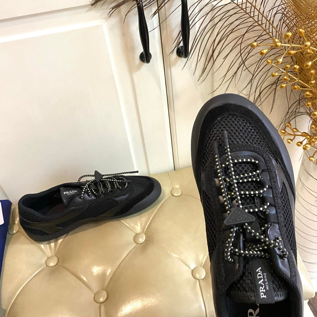 PRADA 26S LACE UP SNEAKERS CHUNKY SOLE IN BLACK TECH FABRIC AND MESH