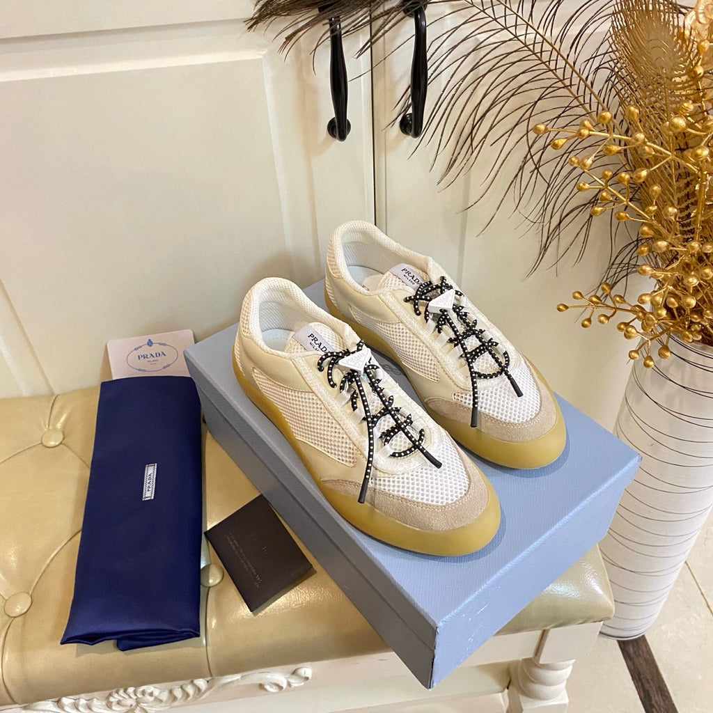 PRADA 26S LACE UP SNEAKERS CHUNKY SOLE IN WHITE TECH FABRIC AND MESH