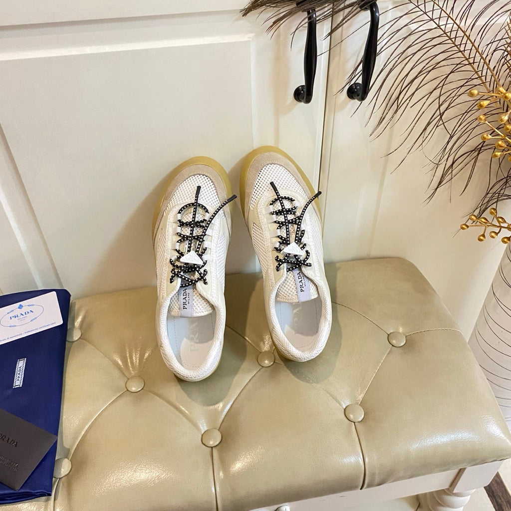 PRADA 26S LACE UP SNEAKERS CHUNKY SOLE IN WHITE TECH FABRIC AND MESH