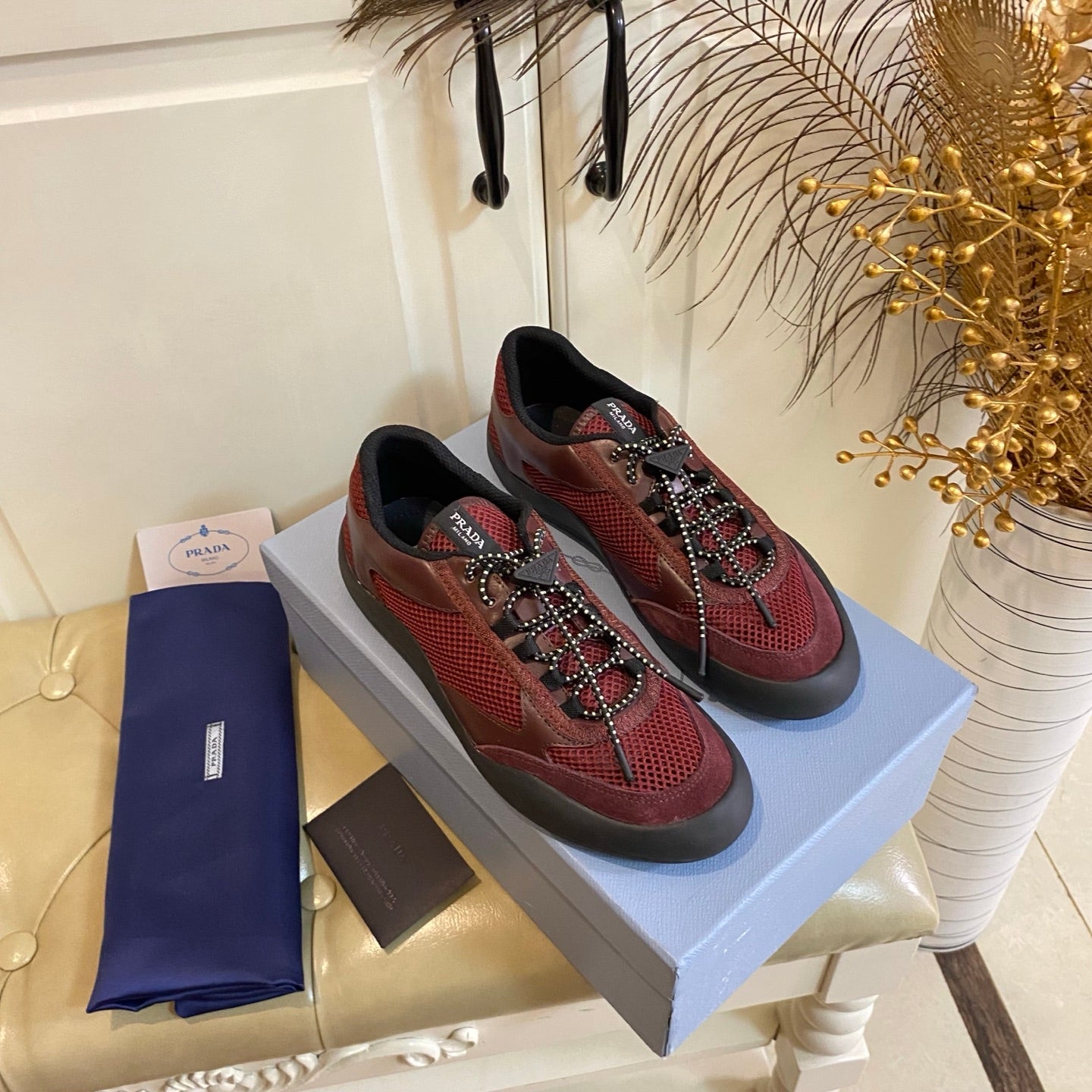 PRADA 26S LACE UP SNEAKERS CHUNKY SOLE IN RED TECH FABRIC AND MESH