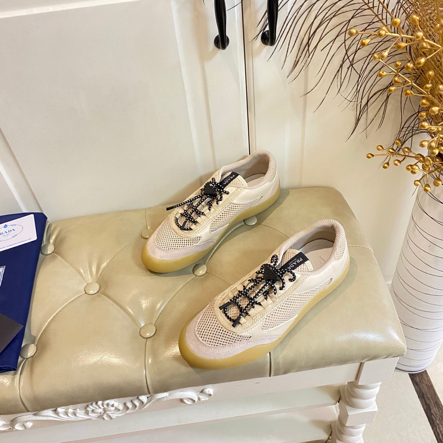 PRADA 26S LACE UP SNEAKERS CHUNKY SOLE IN BEIGE TECH FABRIC AND MESH