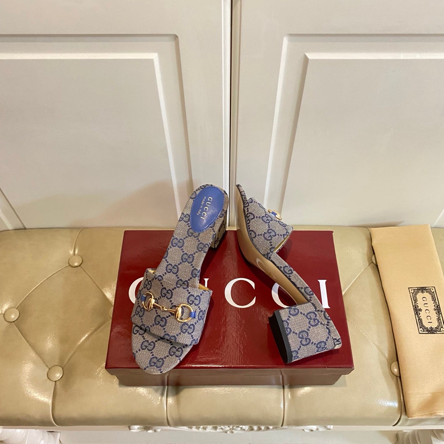 GUCCI 26S HIGH-HEELED SANDALS 65 MM IN GREY CANVAS