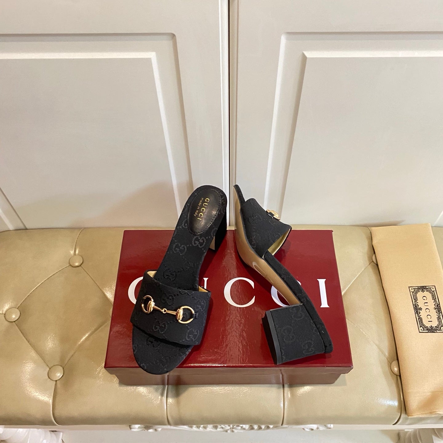 GUCCI 26S HIGH-HEELED SANDALS 65 MM IN BLACK CANVAS