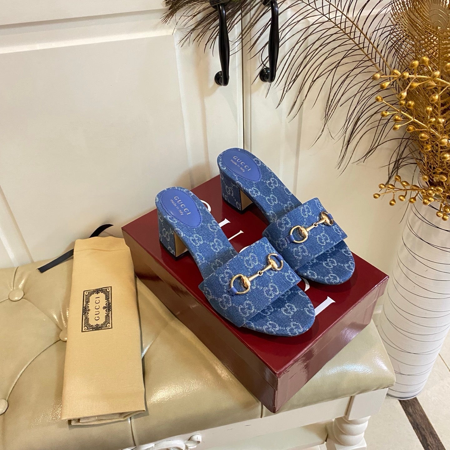 GUCCI 26S HIGH-HEELED SANDALS 65 MM IN BLUE DENIM