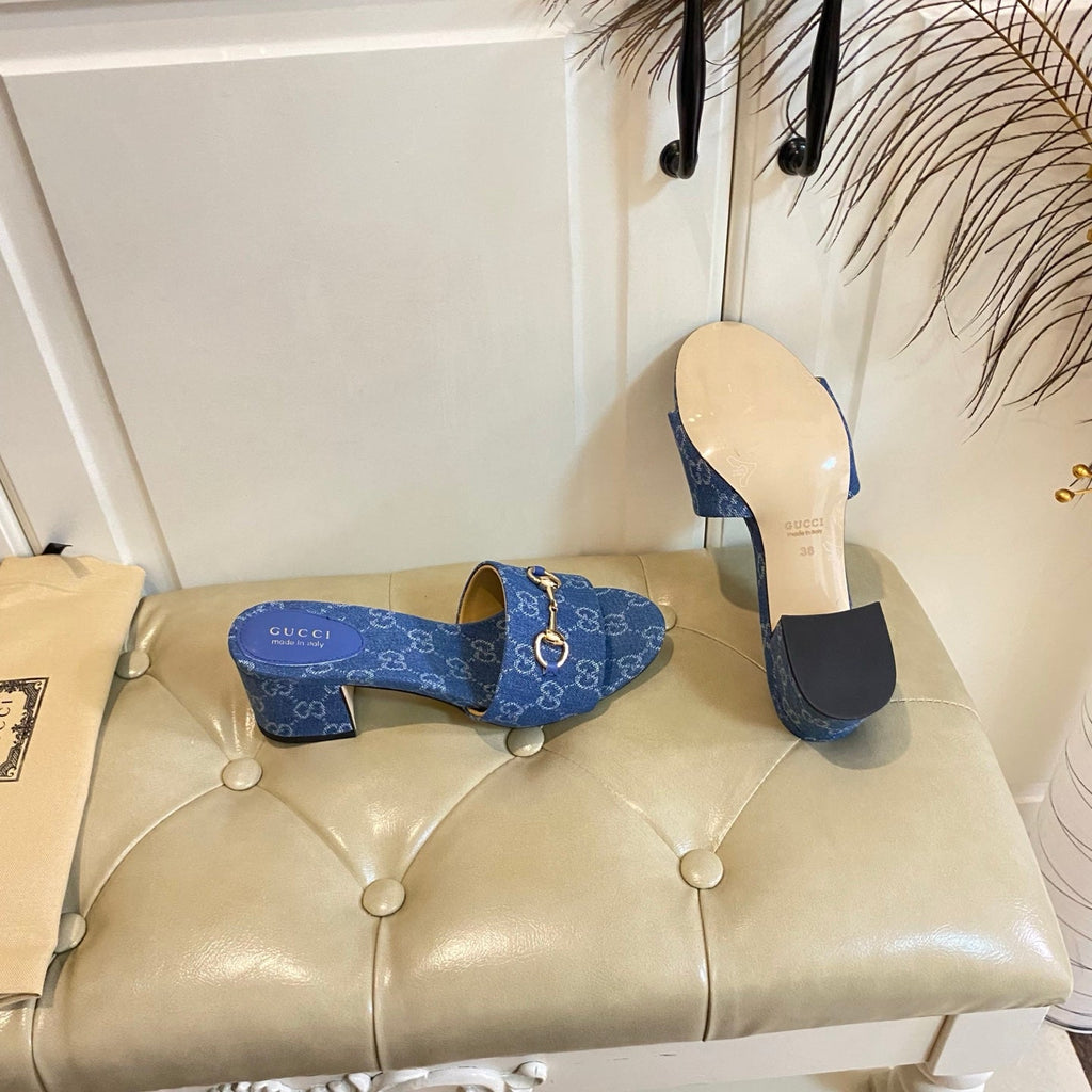 GUCCI 26S HIGH-HEELED SANDALS 65 MM IN BLUE DENIM