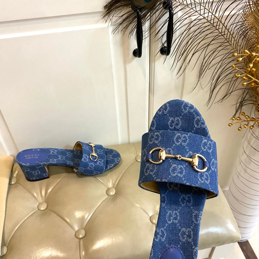 GUCCI 26S HIGH-HEELED SANDALS 65 MM IN BLUE DENIM
