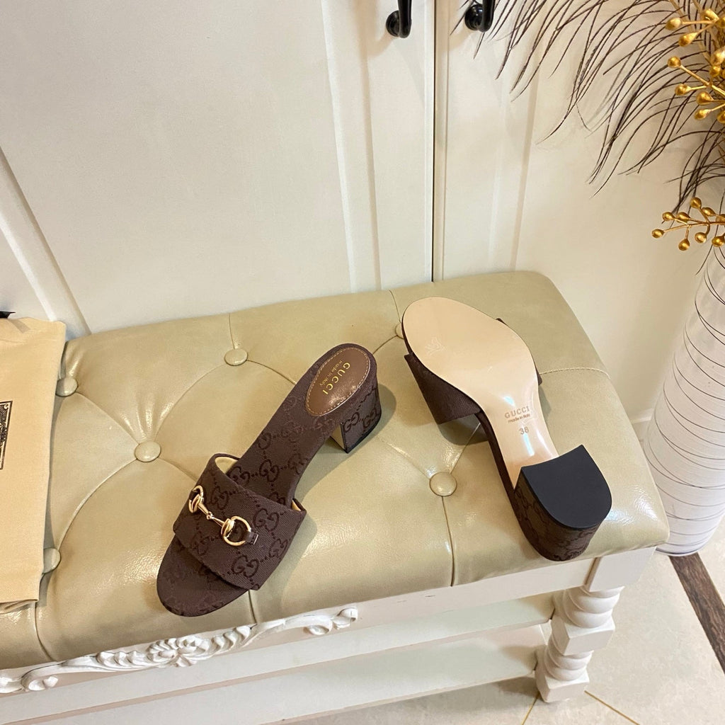 GUCCI 26S HIGH-HEELED SANDALS 65 MM IN DARK BROWN CANVAS