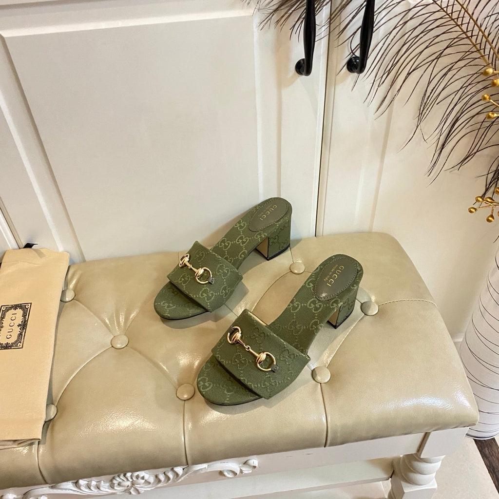 GUCCI 26S HIGH-HEELED SANDALS 65 MM IN MOSS GREEN CANVAS