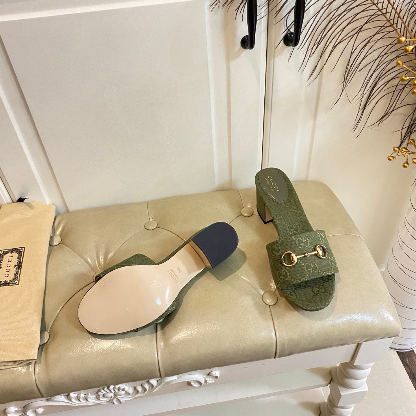 GUCCI 26S HIGH-HEELED SANDALS 65 MM IN MOSS GREEN CANVAS